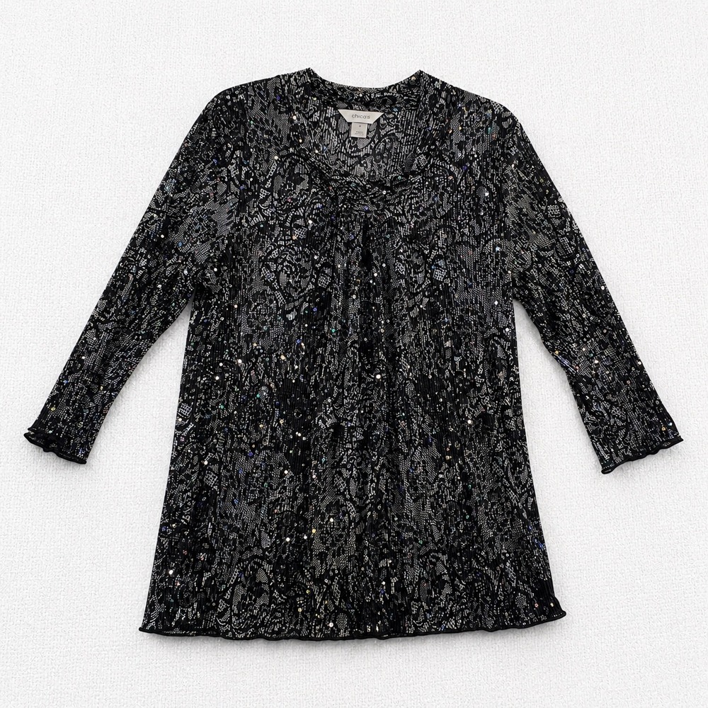 CJ Banks Womens Black White Sequin Lace Print Pleated 3/4 Sleeve Blouse Top Sz X